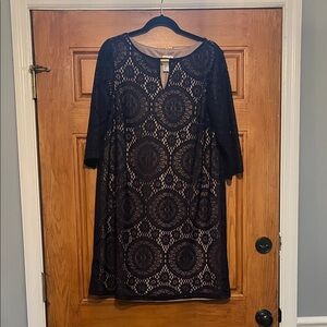 Emma & Michele Navy Lace Dress with Blush Underlay